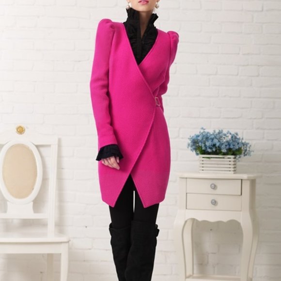 Fuchsia Pink Genuine Wool Long Jacket Blazer Coat - Picture 4 of 11